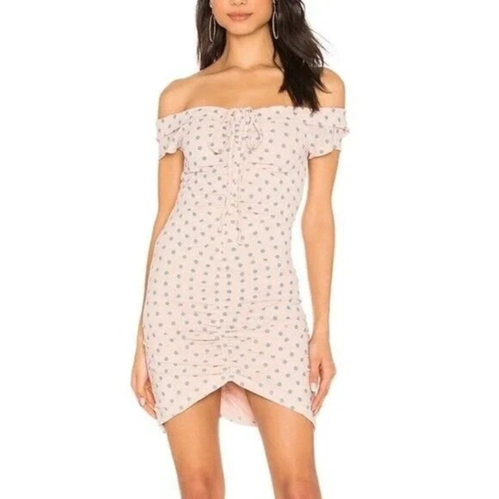 NWT NBD Mini Bodycon Dress Women XXS Off the Shoulder Polka Dot Ruched Pink Blue